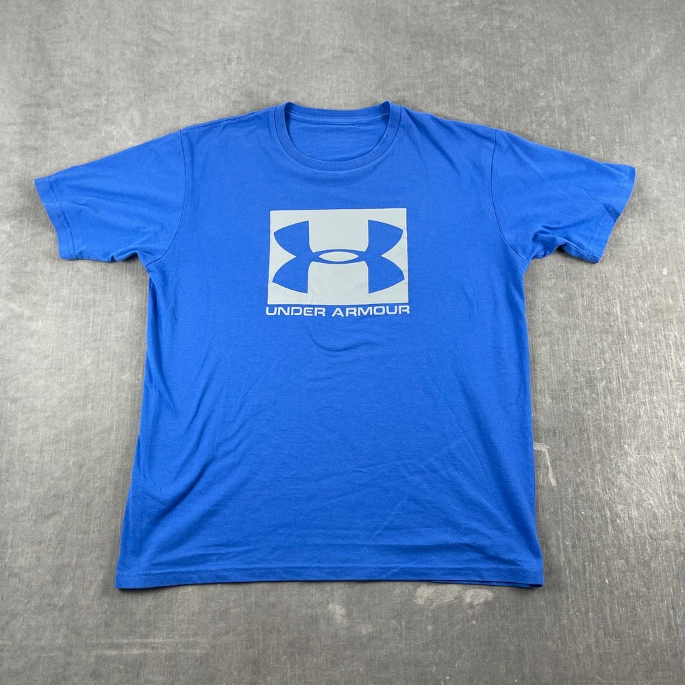 Under Armour Men Blue T-Shirt Large Box Logo Graphic Short Sleeve Tee